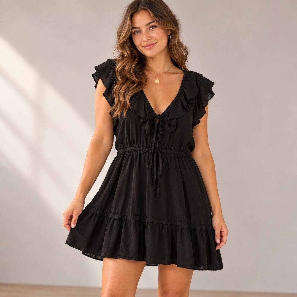 Old Navy Dress Womens XL Black Ruffles Knee Length V-Neck with Pockets